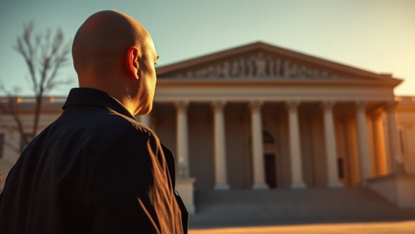 Government building and security guard at sunset, government shutdown context.