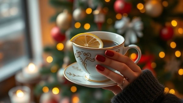 San Antonio holiday events tea moment, festive hands with tea cup.