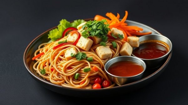 Delicious noodle dish with tofu and sauces in hidden gem San Antonio restaurant.