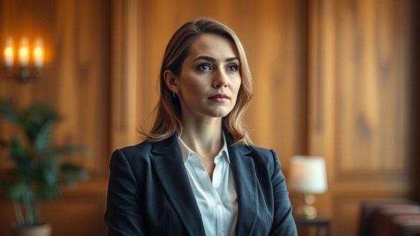 Professional woman in formal setting, thoughtful expression.