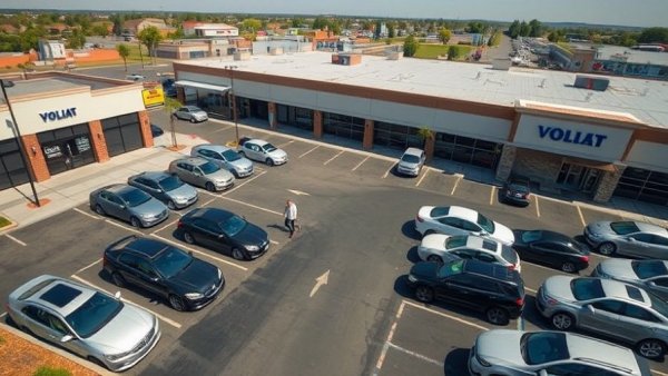 Aerial view of parking lot at commercial plaza in Houston.