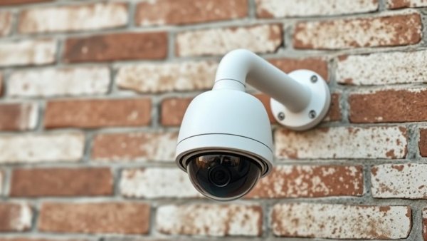 Security camera on brick wall highlighting San Marcos voluntary security camera program.