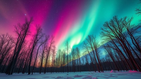 Northern lights visibility over trees with pink and green hues.