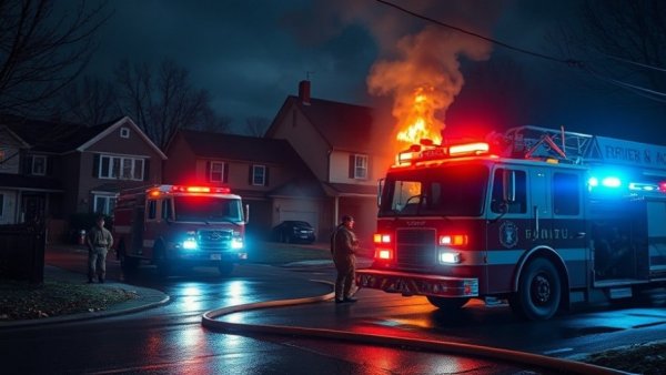 East Austin house fire scene with firefighters and engines at night.