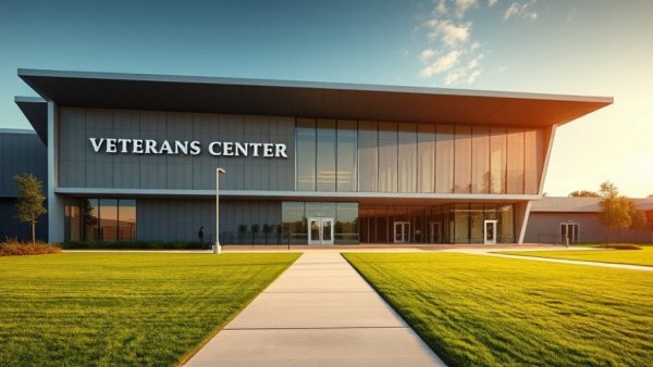 Northeast Lakeview College veterans center modern facade.