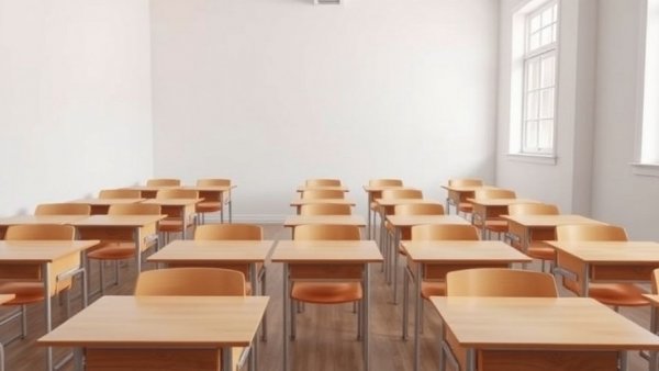 Empty classroom with wooden desks and chairs, child abuse reporting educators concept.