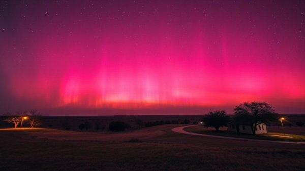 Aurora borealis Texas night sky vivid pink hues
