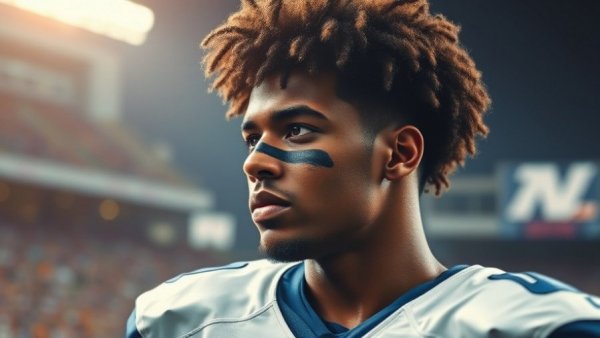 Dallas Cowboys player with curly hair and face paint wearing white and blue jersey.