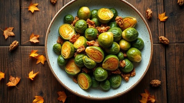 Brussels Sprouts with Orange, Ginger, and Walnuts in a rustic autumn setting.