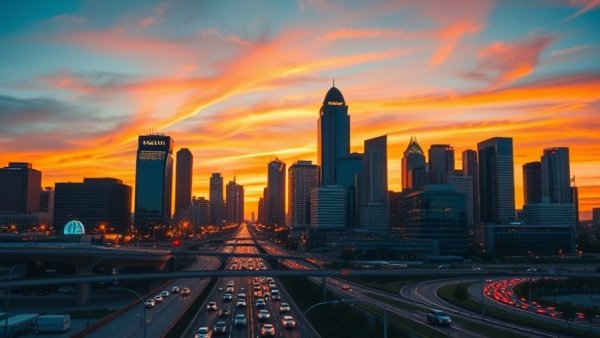 Dallas skyline at sunset with illuminated buildings and traffic flow.