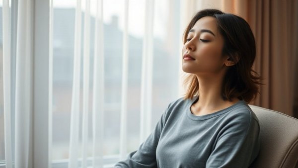 Woman practicing relaxation indoors, health and wellness techniques focus.