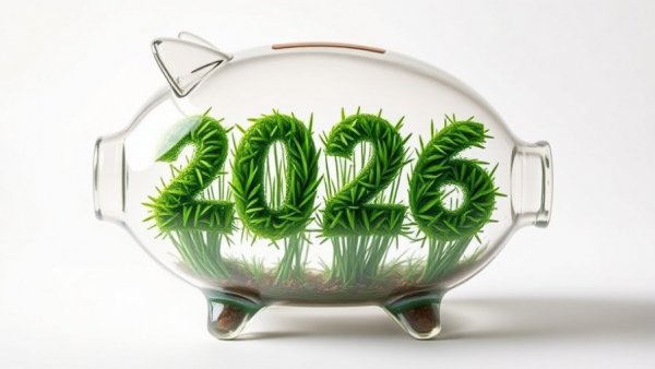 Transparent piggy bank with green 2026 grass text, symbolizing high-yield savings account.
