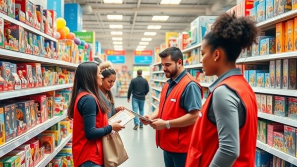 Target employees organizing toys and assisting shoppers.