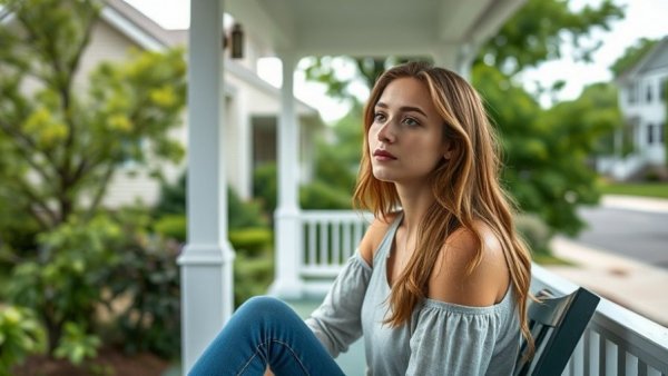 Eldest daughter reflecting on porch, serene suburban setting.