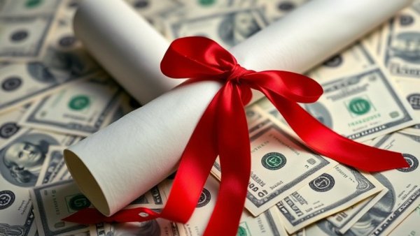Diploma with red ribbon on dollar bills symbolizing entrepreneurship success.