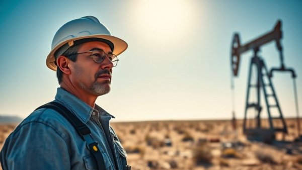 Engineer in hard hat near pumpjack in sunny oil field