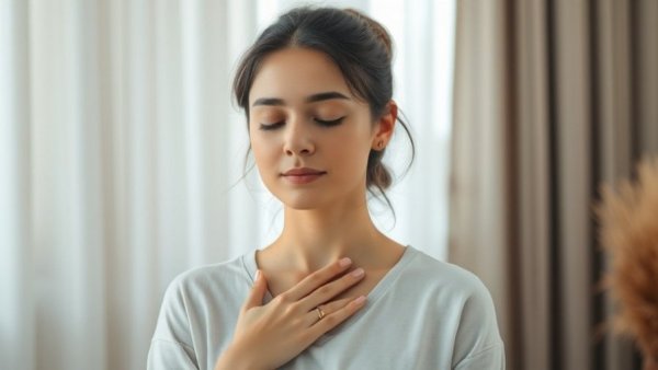 Woman practicing grounding techniques for wellness in serene setting.