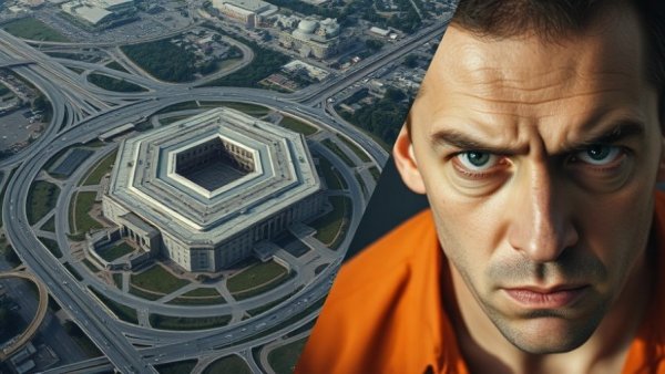 Aerial view of Pentagon and close-up of serious man, suggesting arrest.