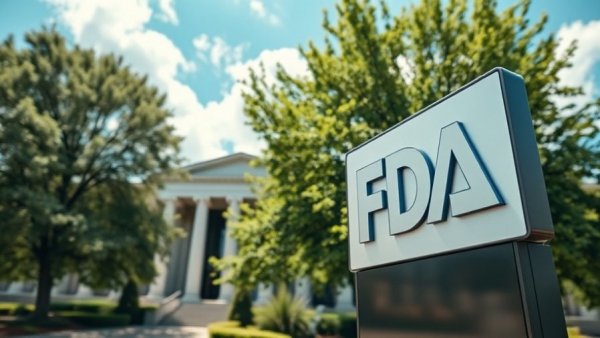 FDA drug approvals sign outside modern building with blue sky.