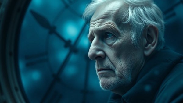 Blurred elderly figure beside a clock face symbolizing Alzheimer's risk.