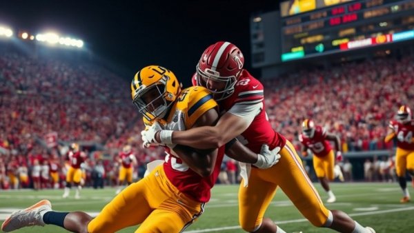 Alabama Crimson Tide vs. LSU Tigers football tackle scene.