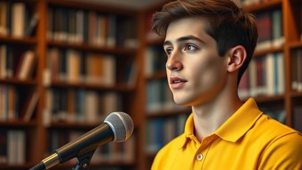 Focused speaker discusses mood enhancement supplements in a cozy library.
