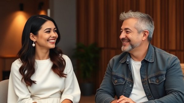 Smiling duo in a modern studio setting - eternity film inspiration.