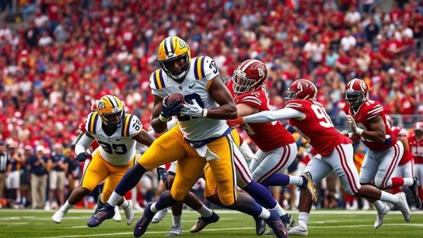 LSU Tigers vs Alabama Crimson Tide football, intense tackle action.