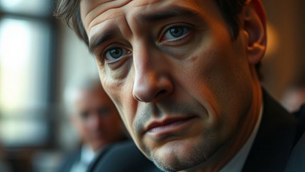 Close-up of a thoughtful man, serious expression, formal setting.