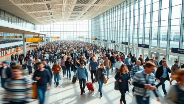 South Korean workers return to Georgia factory, busy airport scene.