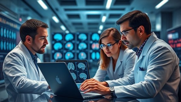 UT Health San Antonio researchers examining brain scans on a laptop.