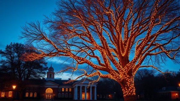 Twinkling Longhorn Lights at UT Austin under twilight sky.