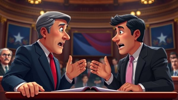 Government shutdown healthcare debate between two animated politicians.