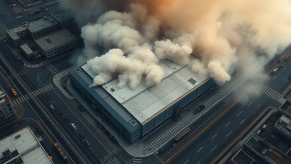 Houston warehouse fire with smoke and emergency response on I-10.