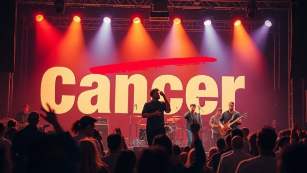 Band performing at MD Anderson Cancer campaign with 'Cancer' sign.