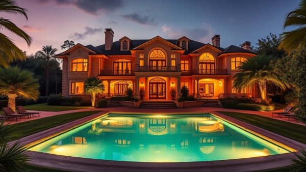 Aerial view of Texas mansion at dusk with pool and lights.