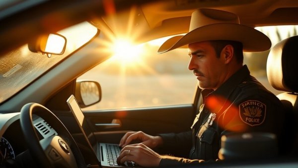 Texas officer in patrol car working on laptop with sunlight streaming in.