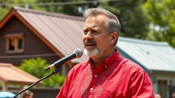 Man in red shirt speaks at outdoor event for Ron Nirenberg Bexar County judge campaign.
