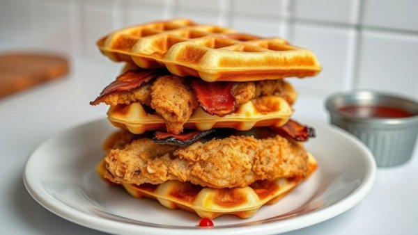 Chick-fil-A Chicken & Waffles Sandwich with bacon, on a white tile background.
