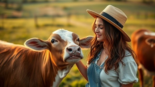 Former vegan chef interacts lovingly with cow in rural setting.