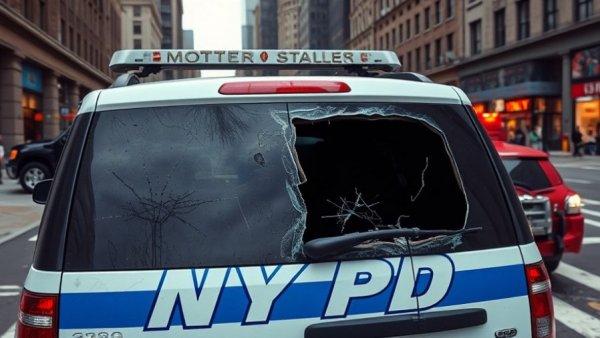 Vandalized NYPD vehicle with broken window parked.