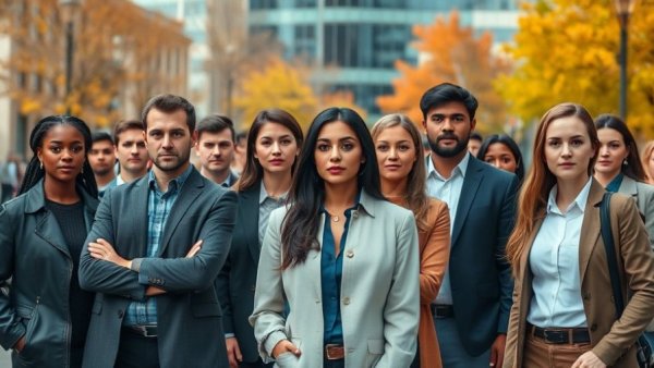 Urban city scene with diverse people standing outdoors, reflecting autumn.