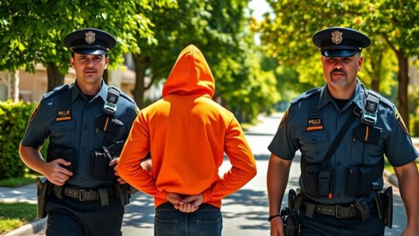 Police officers escorting handcuffed man during arrest in Florida street