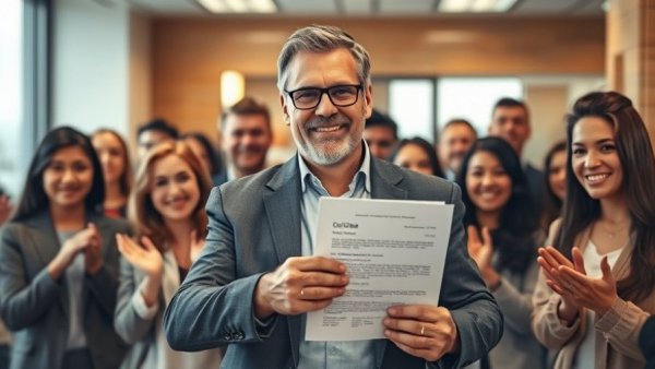 Confident man holding document ending longest U.S. government shutdown, office setting.