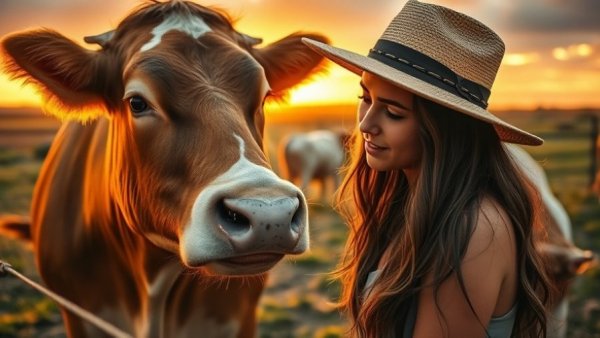 Former vegan chef cattle ranching, woman bonding with a cow at sunset.