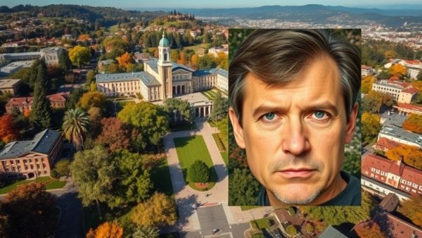 UC Berkeley campus aerial view with mugshot overlay, depicting recent sorority break-in event.