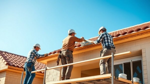 Construction workers plaster house exterior following White House housing recommendations.