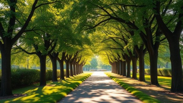 Serene tree-lined path in Austin park under sunlit canopy