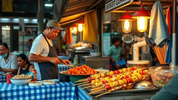 Authentic Thai skewers being prepared by vendors in Dallas market.