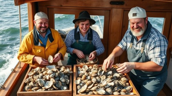 Oyster farming team sorting oysters with environmental benefits.
